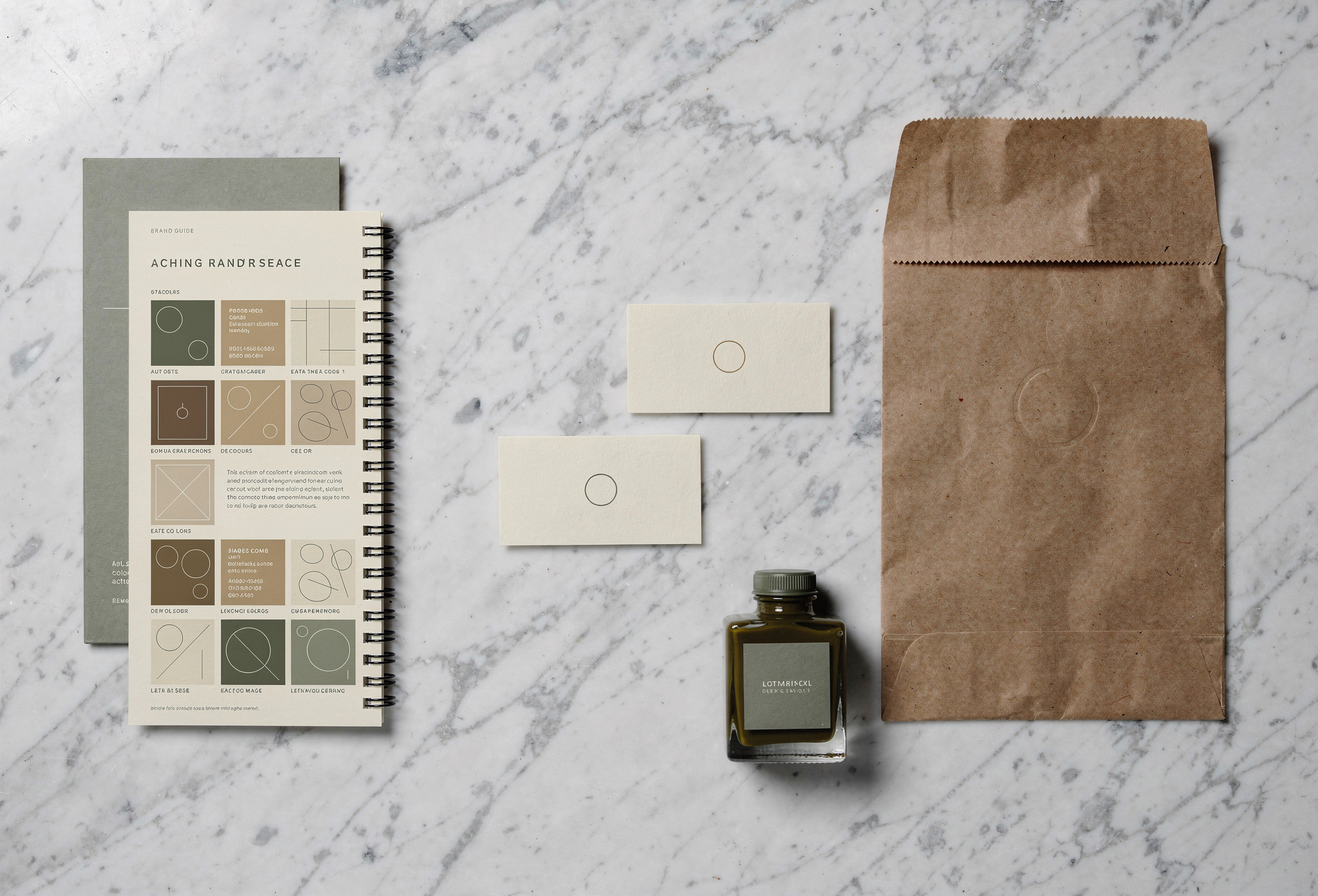 Kartvizit ve marka rehberi iceren beyaz mermer masa ustu sunum