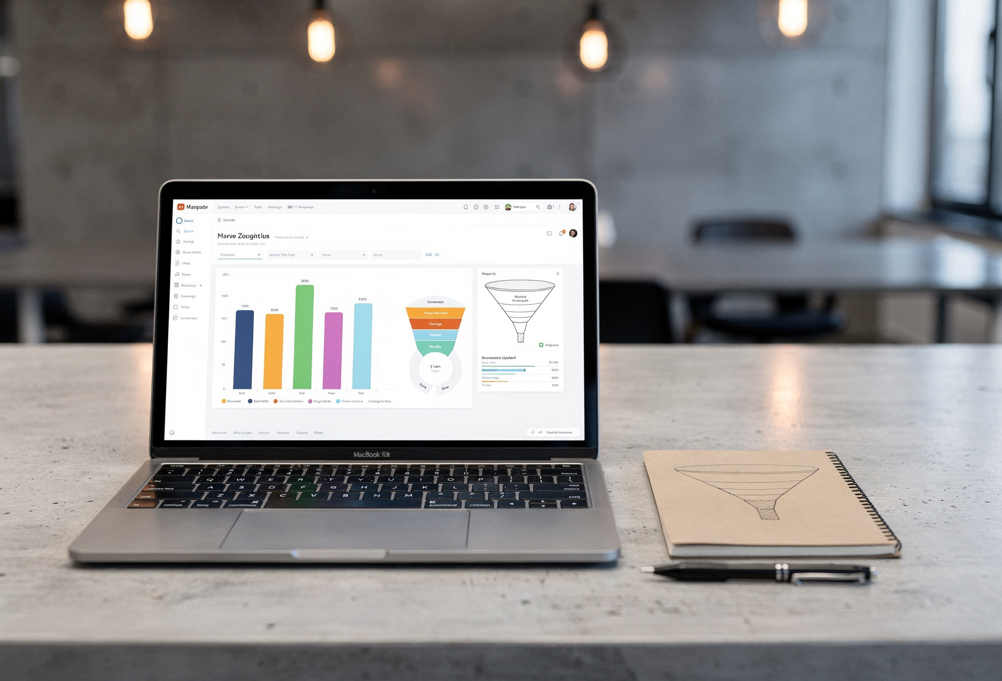 Laptop ekraninda donusum analitik gostergesi olan calisma masasi