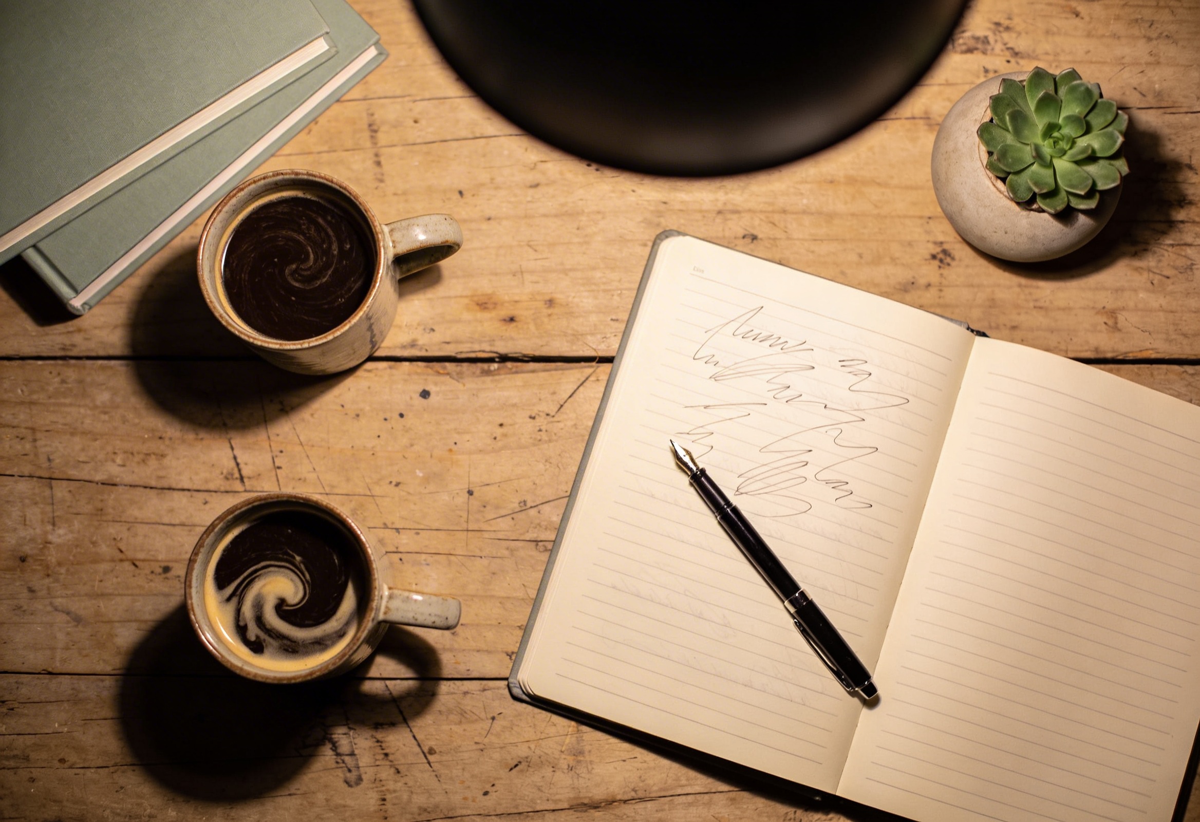 Acik not defteri ve dolma kalem iceren minimal yazarlik masasi